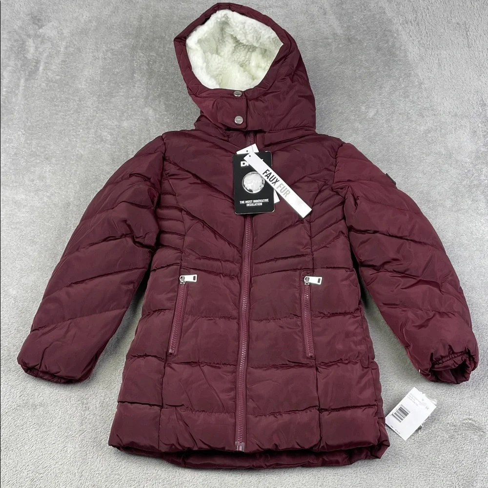 NEW DKNY 6X Kids Burgundy‎ Hooded Long Parka Jacket